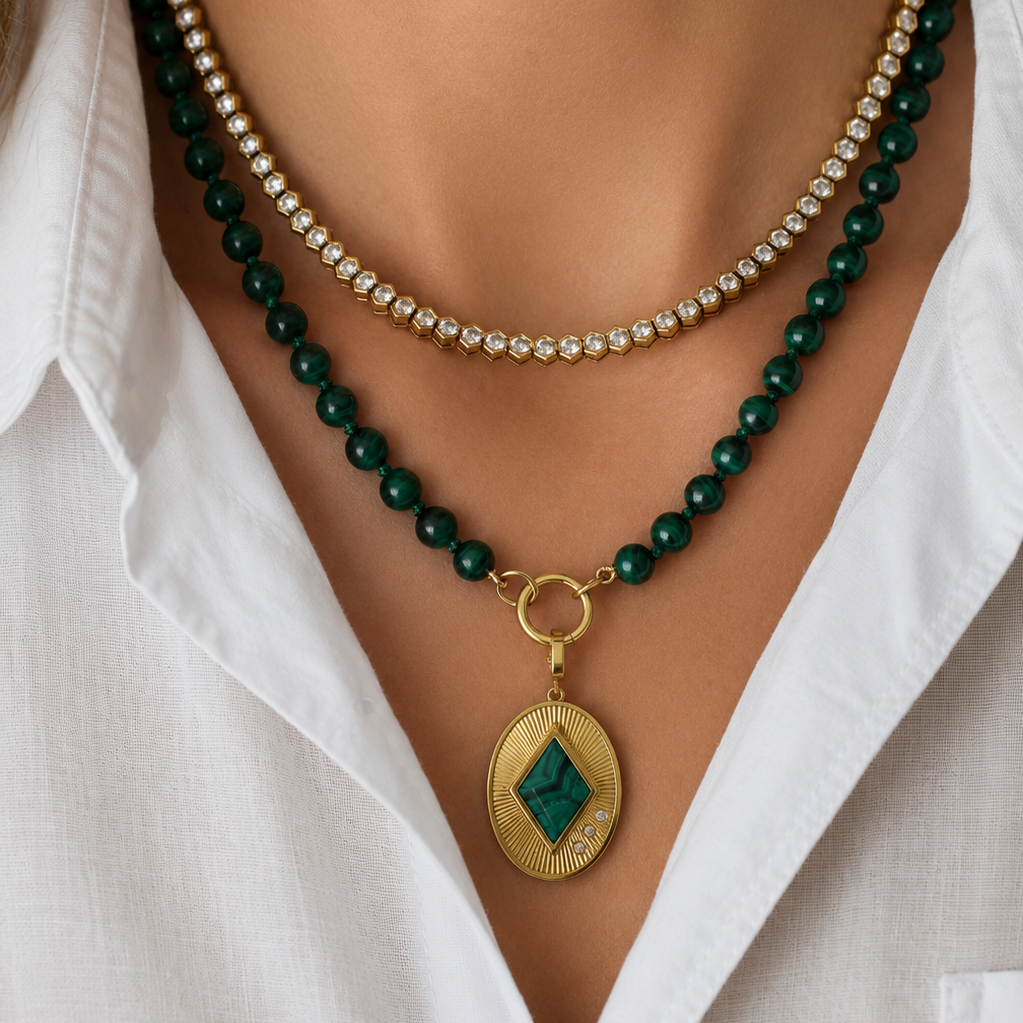 Malachite, Lapis Lazuli & Mother of Pearl Oval Pendant in 18K Yellow Gold