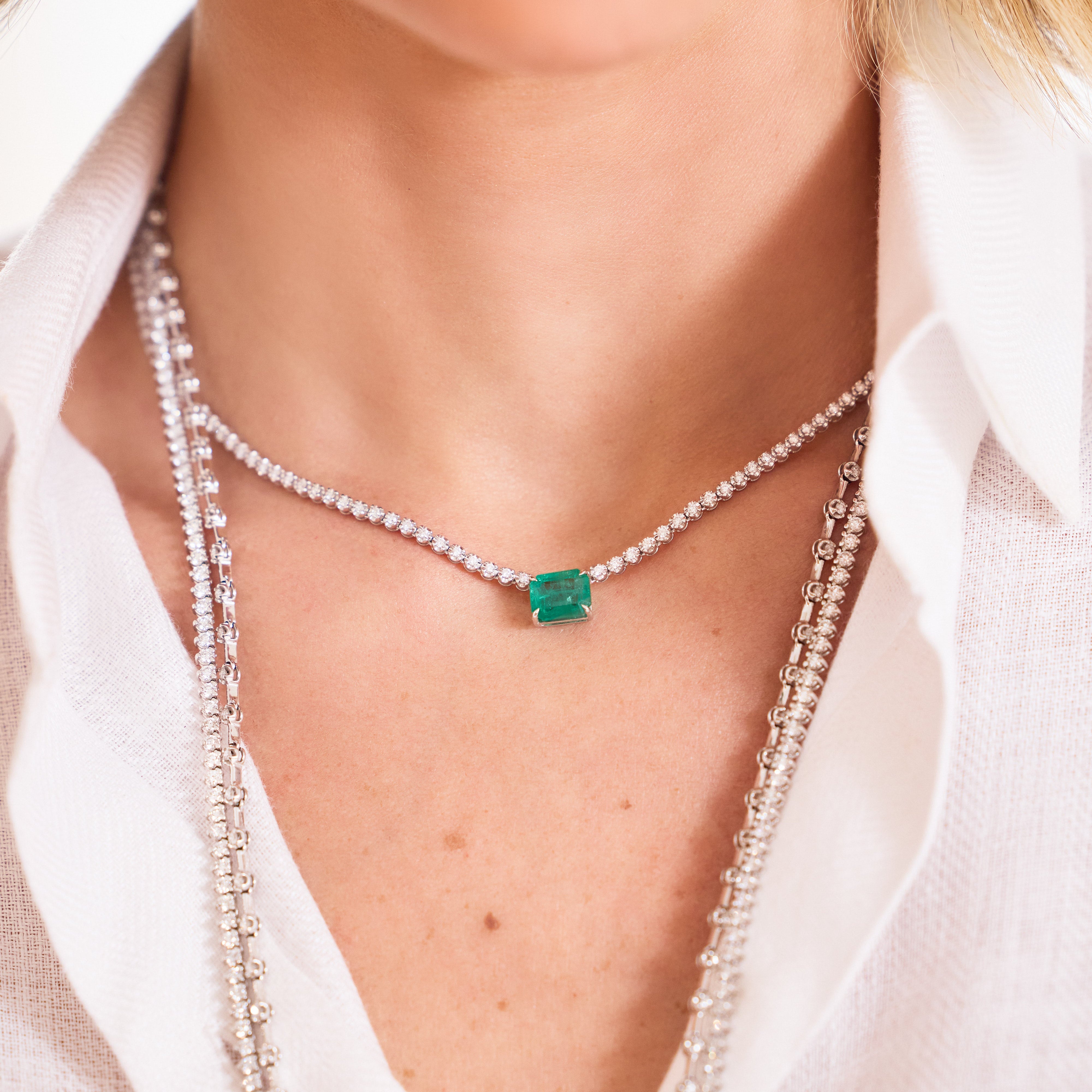 Jenny Emerald and Diamond Tennis Necklace in 18K Gold