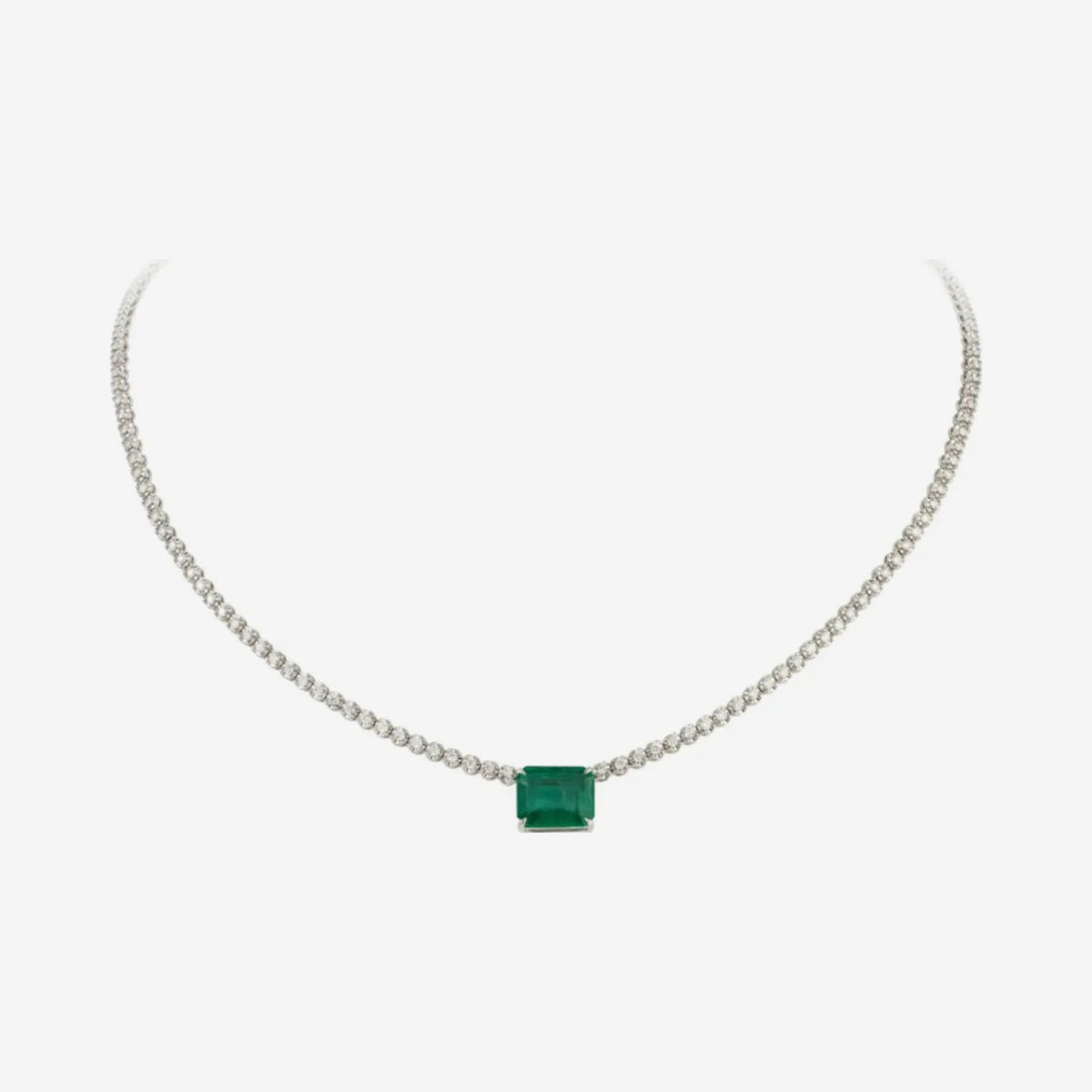 Jessica Emerald and Diamond Full Necklace in 18K White Gold, gray background | JJ Jewelry Miami