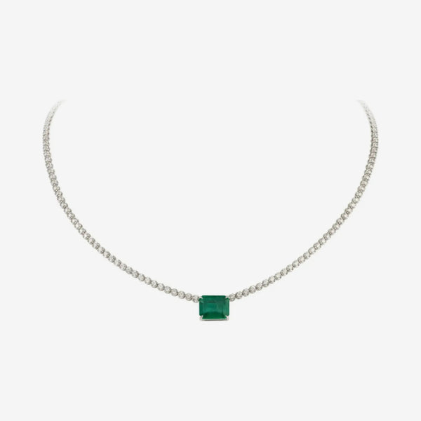 Jessica Emerald and Diamond Full Necklace in 18K White Gold, gray background | JJ Jewelry Miami