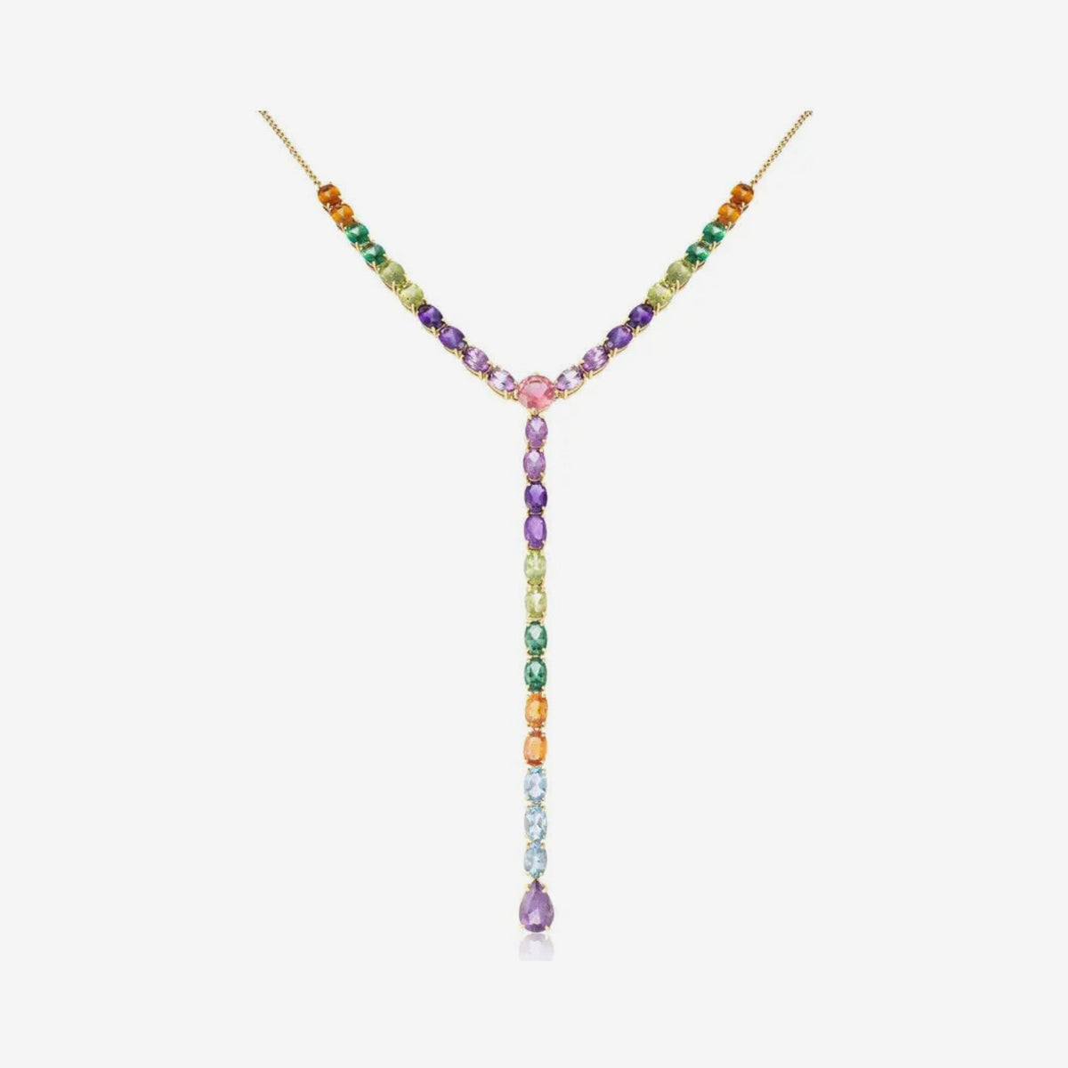 Lariat Rainbow Necklace in 18K Yellow Gold, gray background | JJ Jewelry Miami
