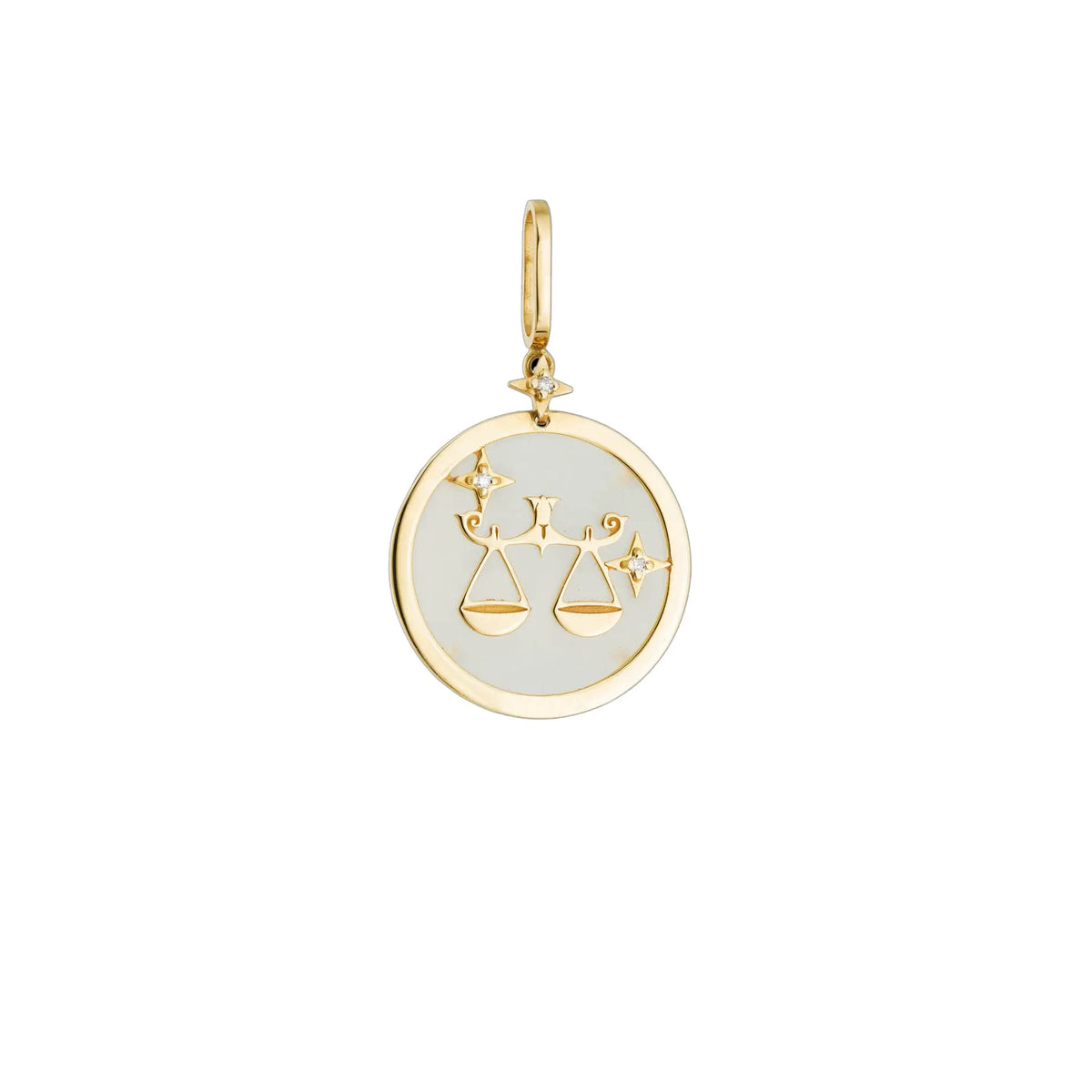 Libra Zodiac Pendant with White Quartz & Diamonds in 18K Yellow Gold | JJ Jewelry Miami