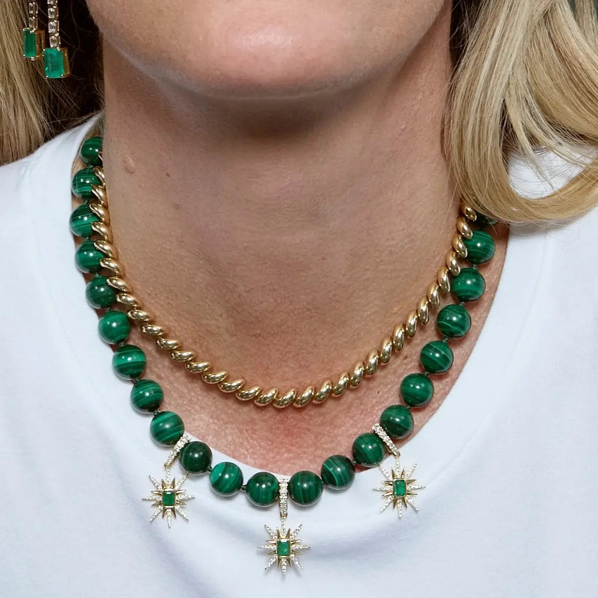 Malachite Bead Necklace in 14K Yellow Gold, view 4 | JJ Jewelry Miami