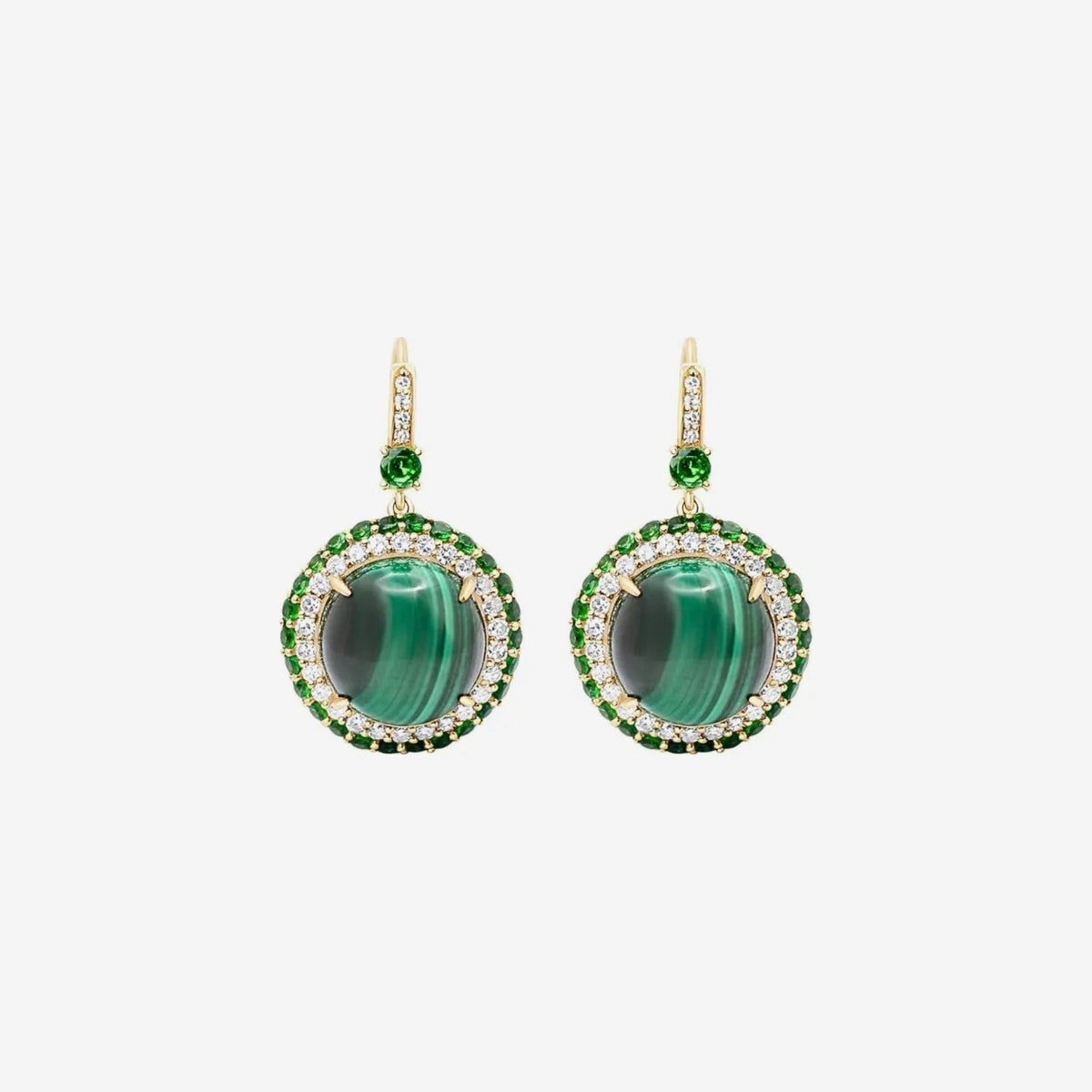 Malachite and Diamond Drop Earrings in 14K Yellow Gold, gray background | JJ Jewelry Miami