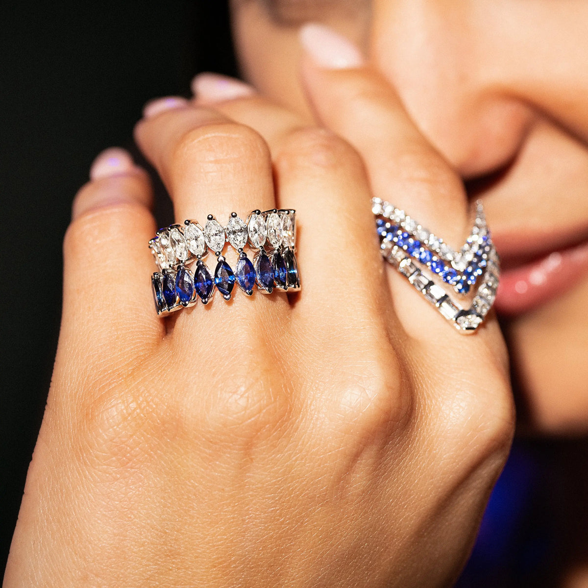 Marquise Blue Sapphire Eternity Ring in 18K White Gold, side view | JJ Jewelry Miami