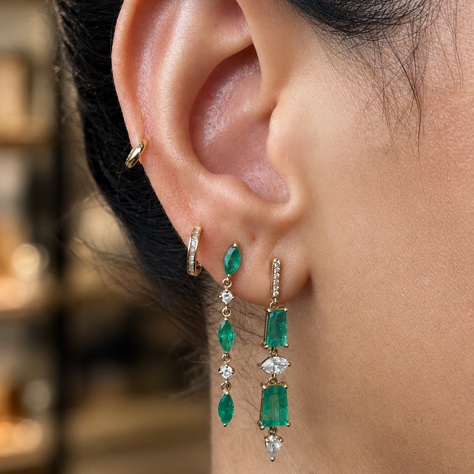Emerald and Diamond Long Drop Earrings in 18K Yellow Gold