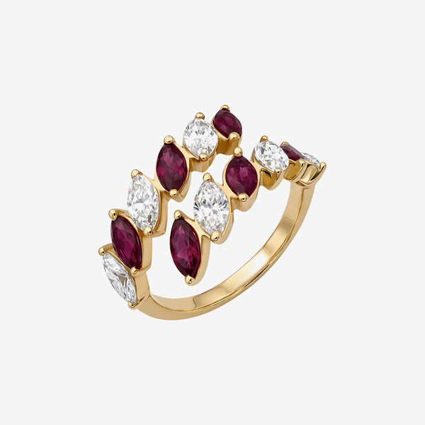 Marquise Ruby and Diamond Open Ring in 14K Yellow Gold | JJ Jewelry