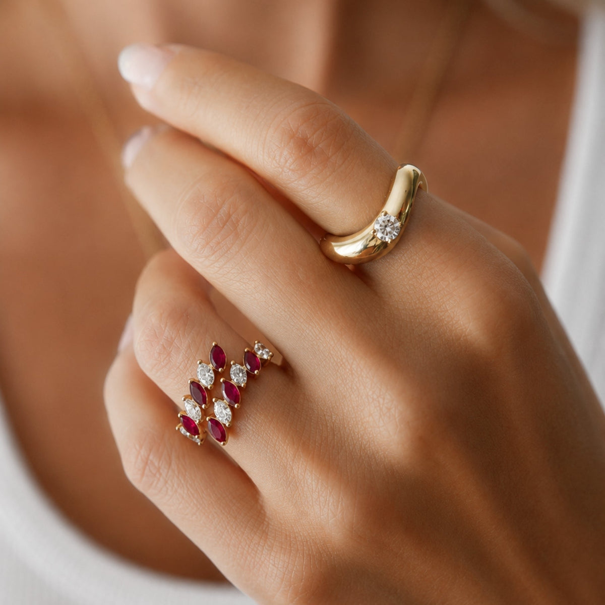 Marquise Ruby and Diamond Open Ring in 14K Yellow Gold, view 3 | JJ Jewelry Miami