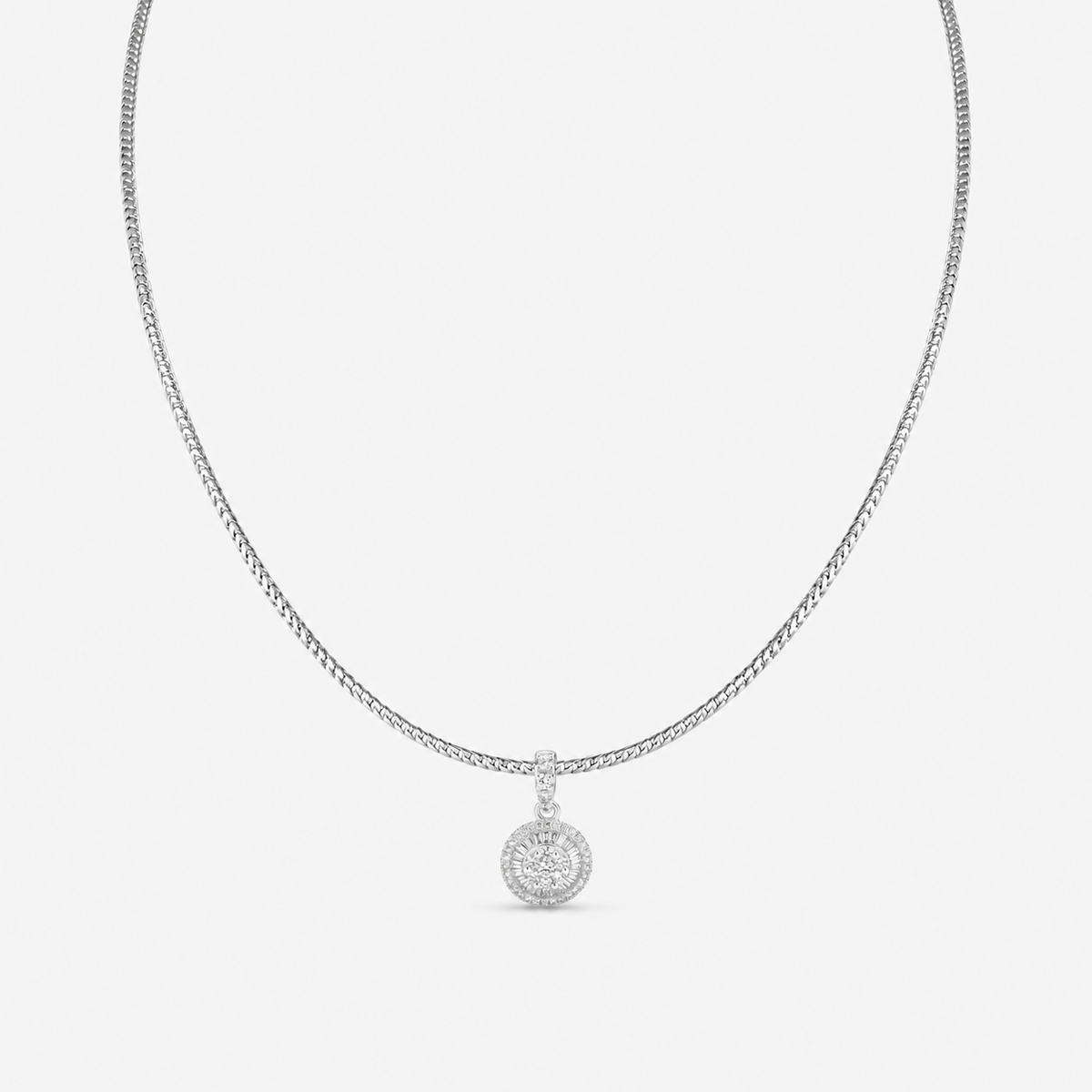 Mini Round Diamond Cluster Pendant in 18K White Gold, on a diamond tennis chain | JJ Jewelry Miami