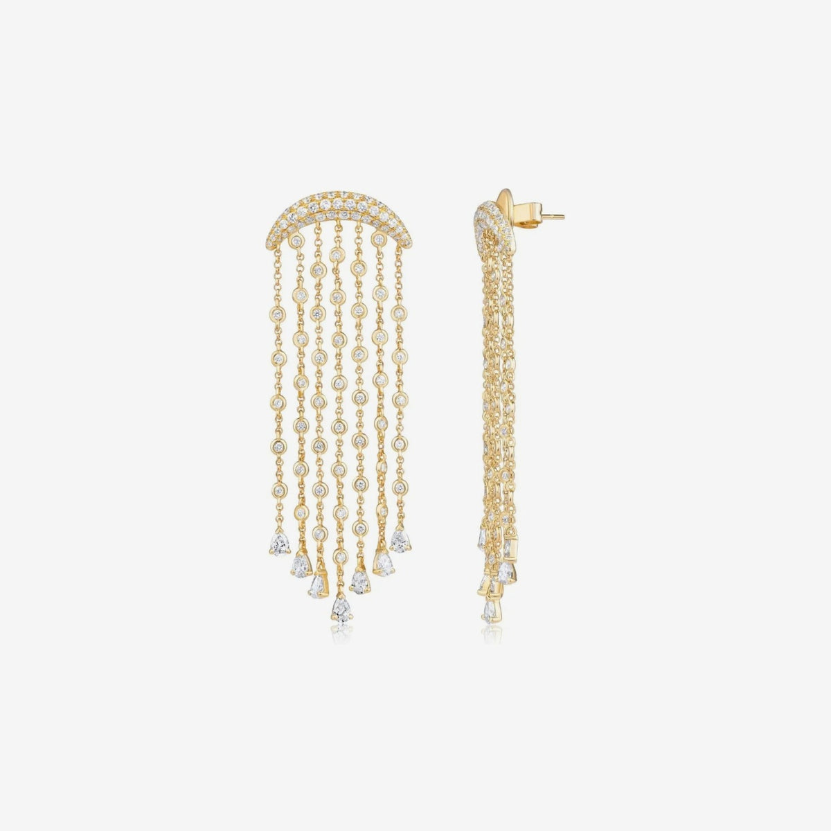 Moonlight Diamond Chandelier Earrings in 18K Yellow Gold, gray background | JJ Jewelry Miami