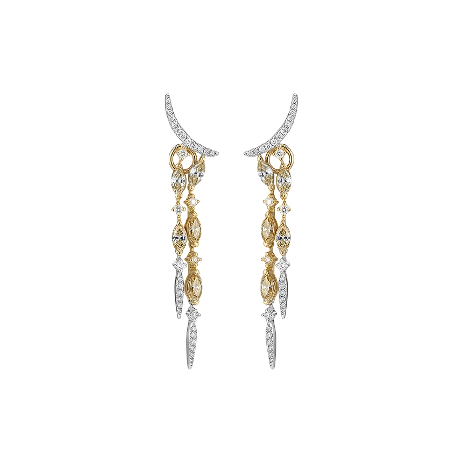 Moonlight Marquise Diamond Dancing Earrings in 18K White and Yellow Gold