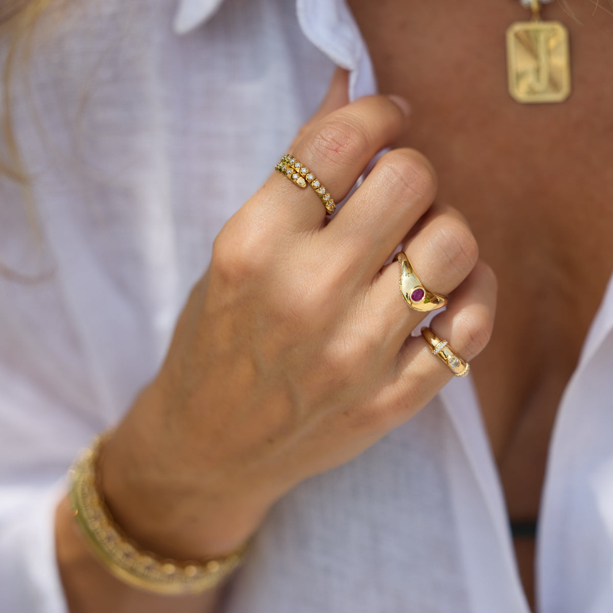 Multi-Gemstone Curved Ring with Diamonds in 18K Yellow Gold | JJ Jewelry Miami