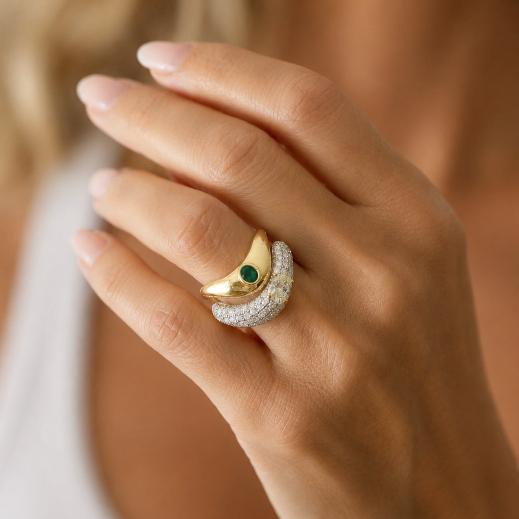 Multi-Gemstone Curved Ring with Diamonds in 18K Yellow Gold