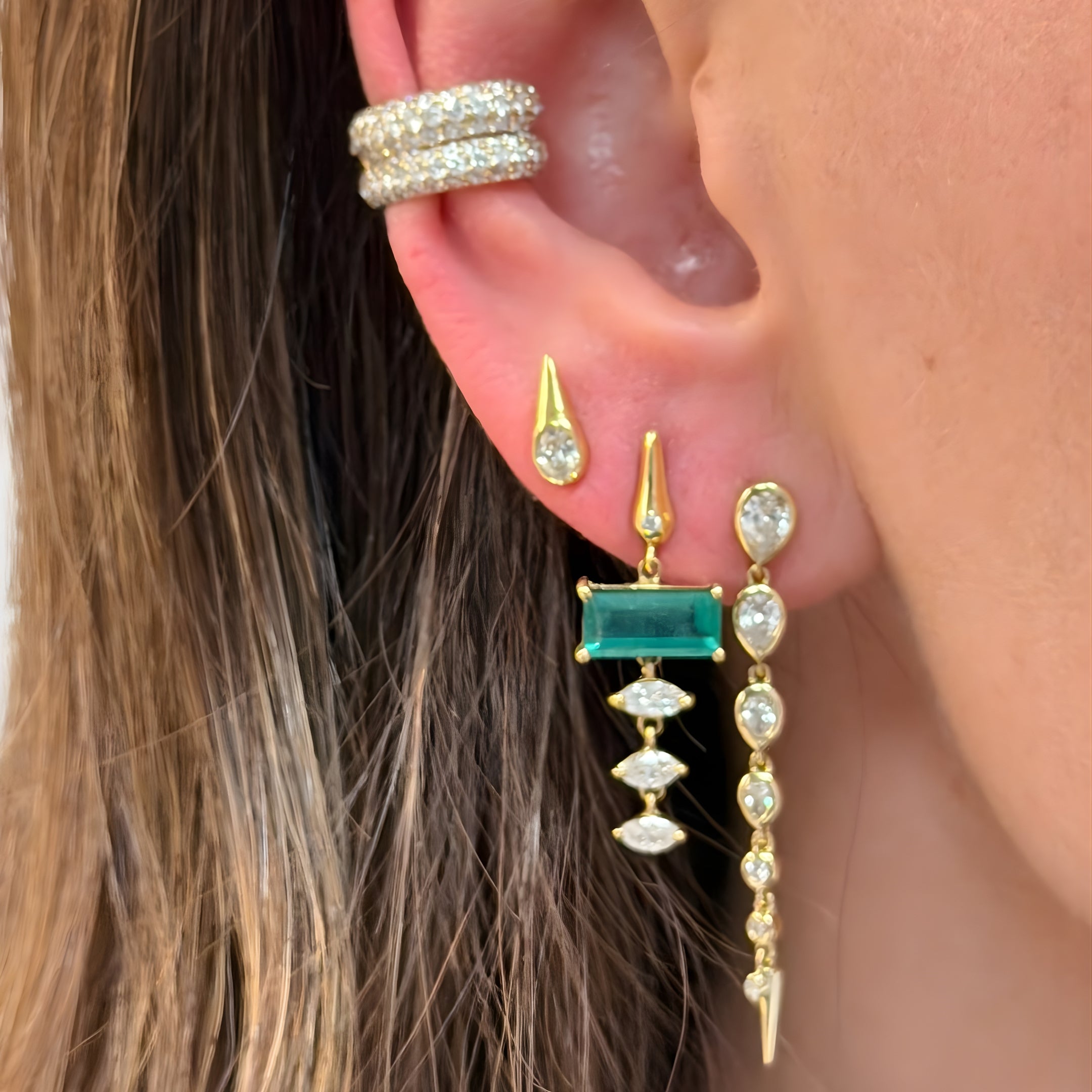 Multi-Shape Diamond Drop Earrings in Yellow Gold