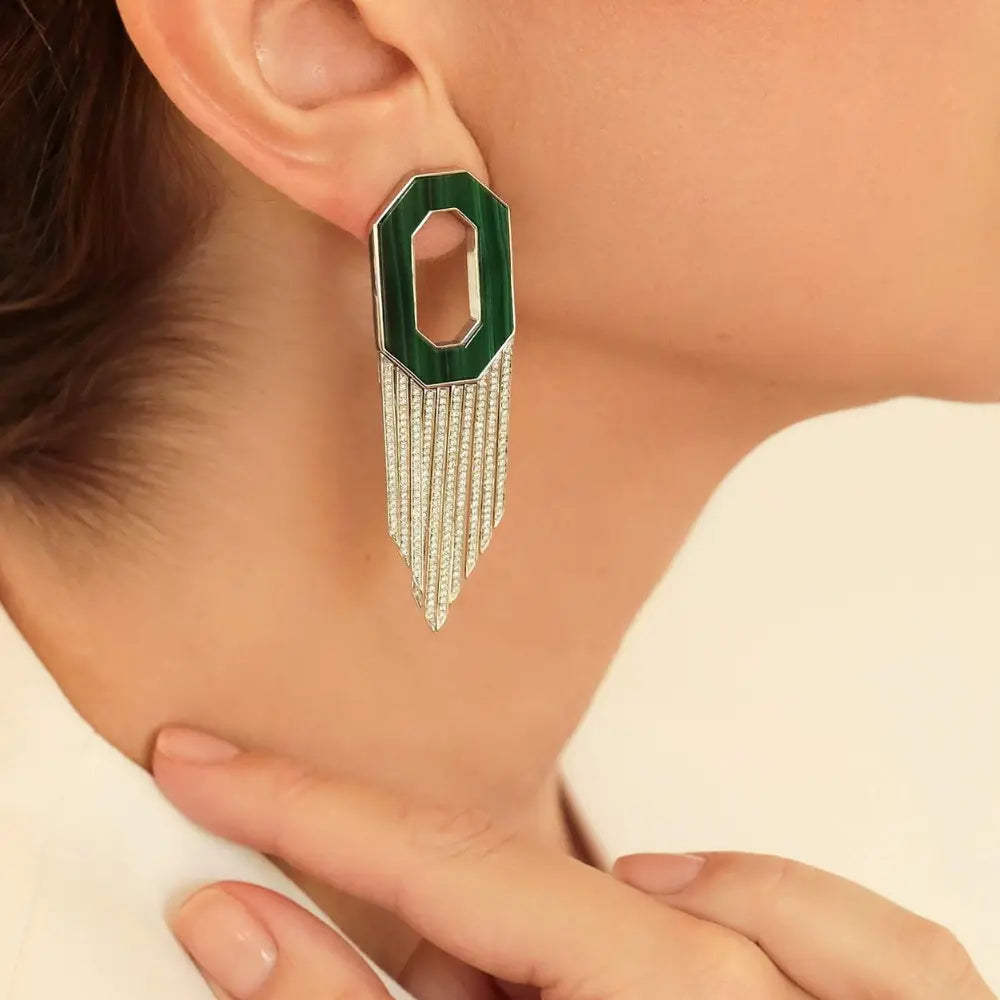 Octagon Malachite and Diamond Fringe Earrings, on model | JJ Jewelry Miami