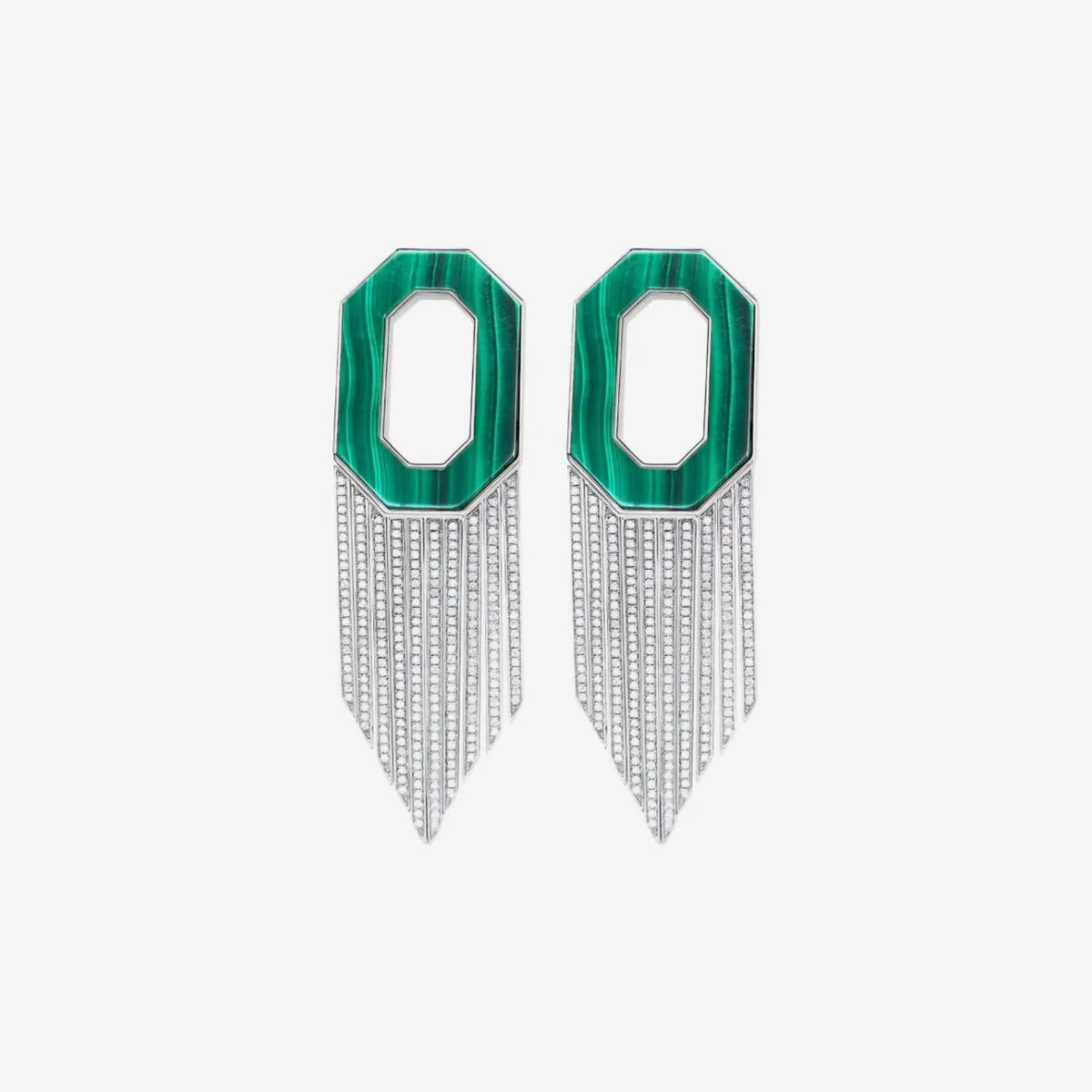 Octagon Malachite and Diamond Fringe Earrings in 18K White Gold, gray background | JJ Jewelry Miami
