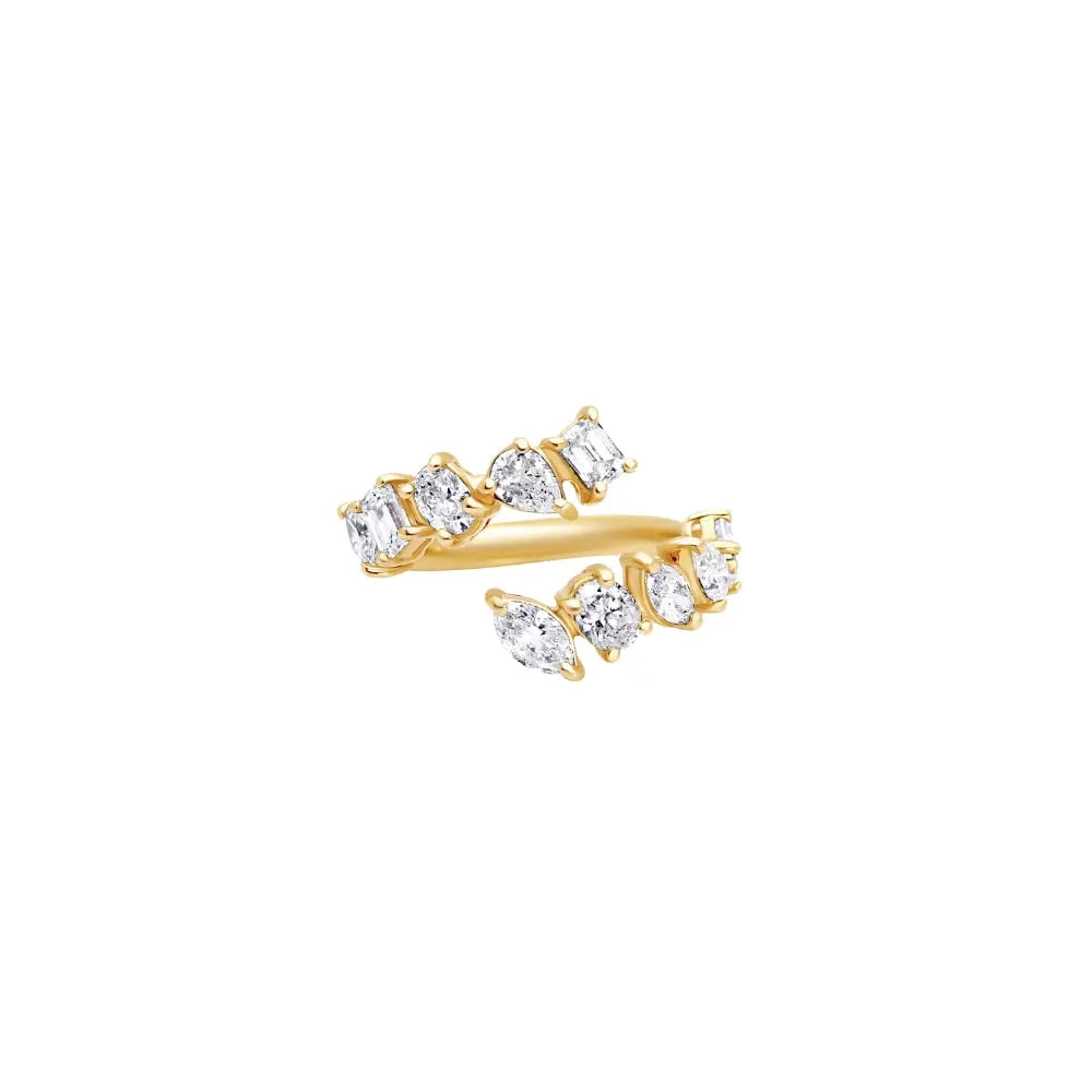 Modern open band diamond ring featuring mixed diamond cuts