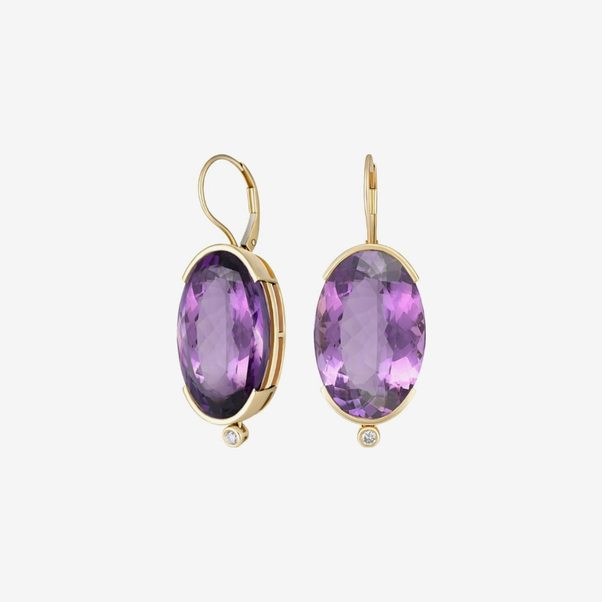 Oval Amethyst and Diamond Drop Earrings in 18K Yellow Gold, gray background | JJ Jewelry Miami