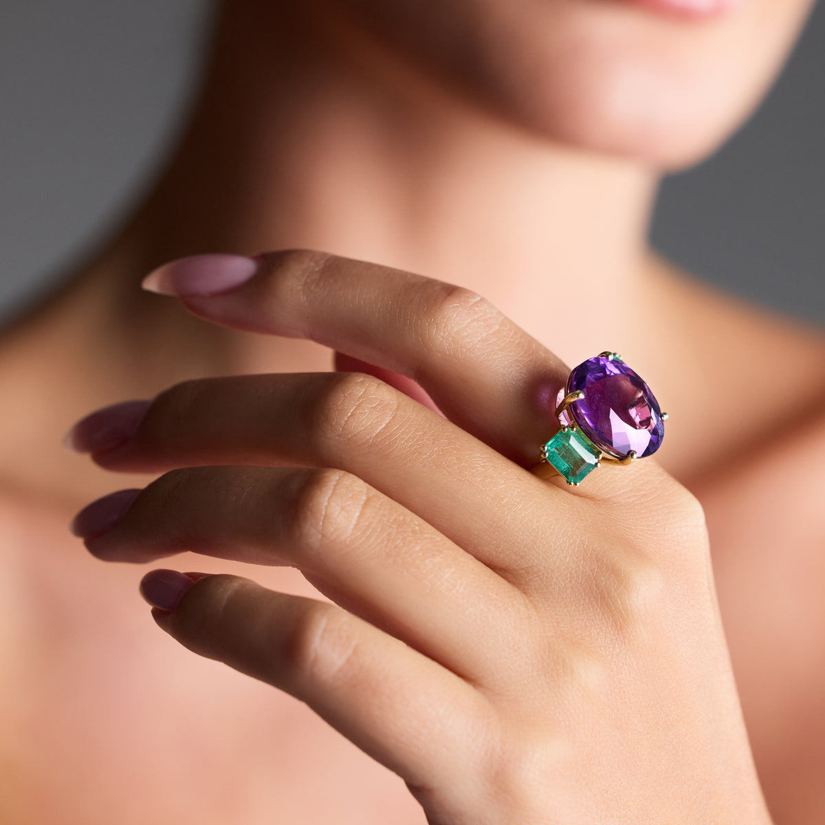 Oval Amethyst and Emerald Three-Stone Ring, lifestyle view 1 | JJ Jewelry