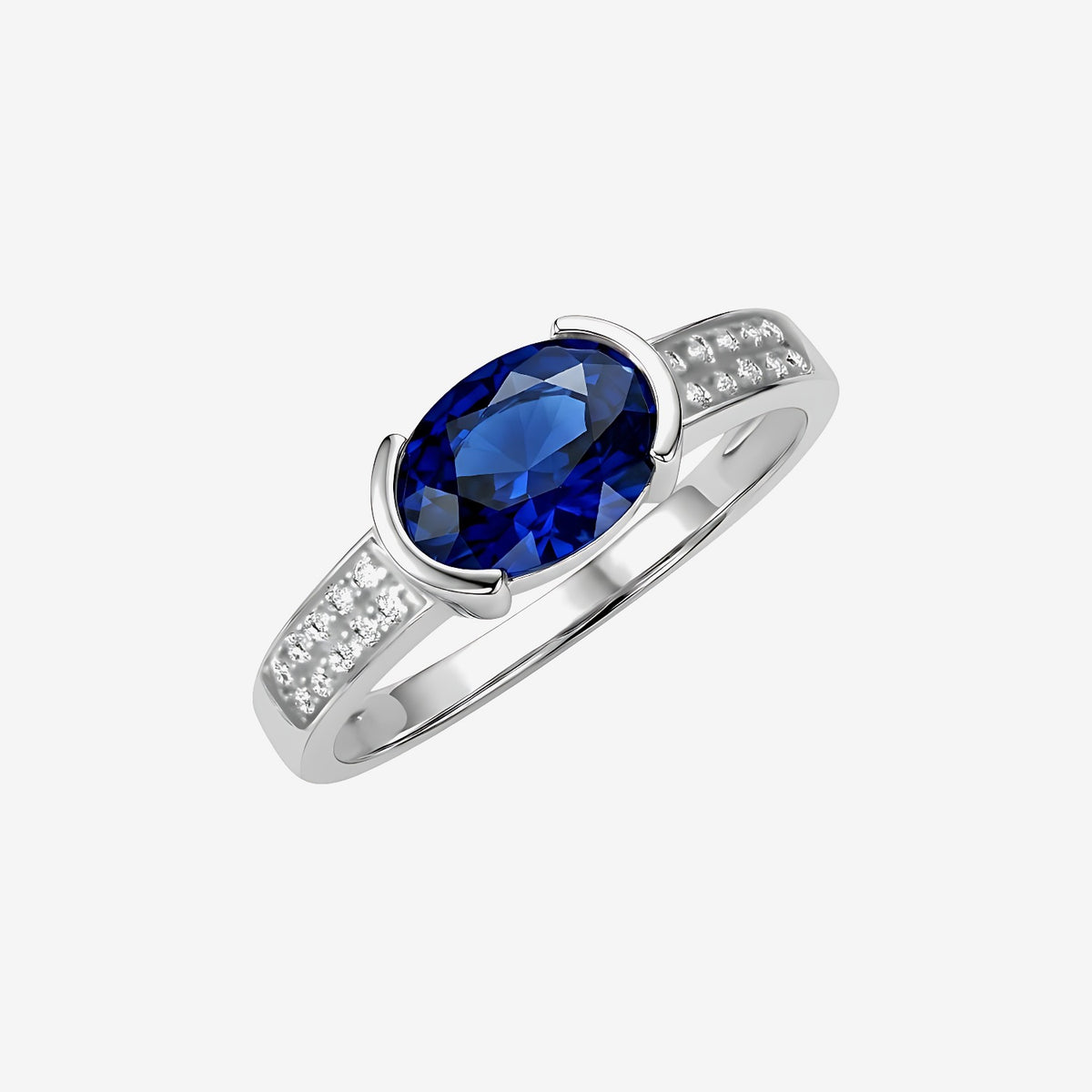 Oval Blue Sapphire Diamond Pavé Ring in 14K White Gold | JJ Jewelry