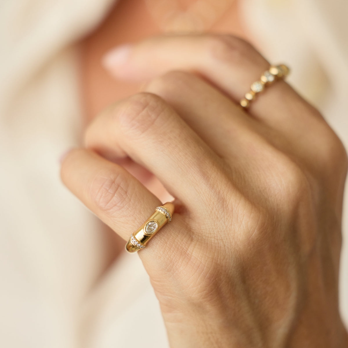 Oval Diamond Bezel Pinky Ring in 18K Yellow Gold