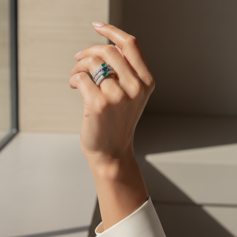 Oval Emerald Pavé Diamond Ring, lifestyle view 3 | JJ Jewelry
