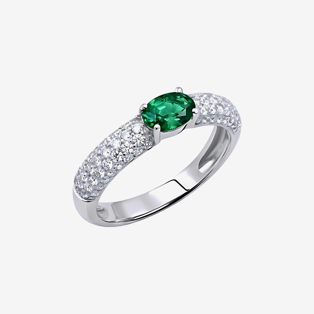 Oval Emerald Pavé Diamond Ring in 18K White Gold | JJ Jewelry