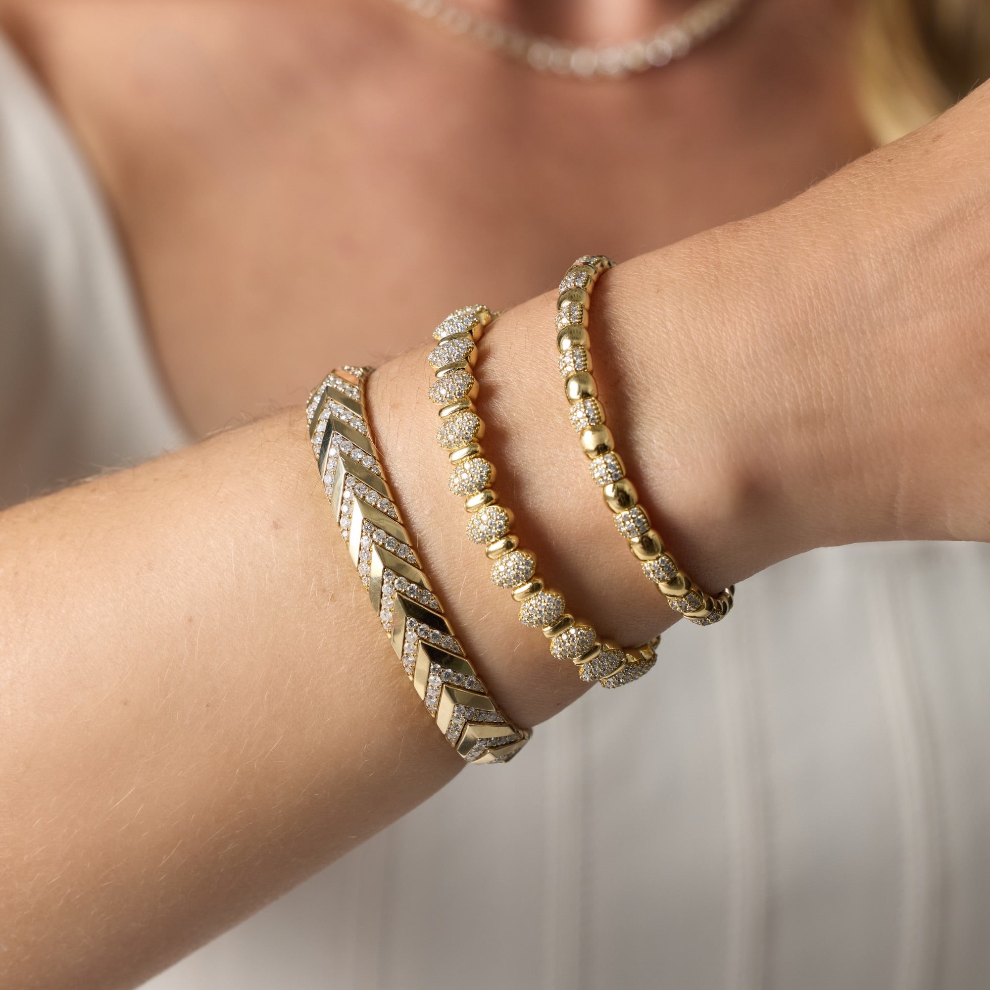 Chevron Diamond Flexible Bangle Bracelet in Yellow Gold
