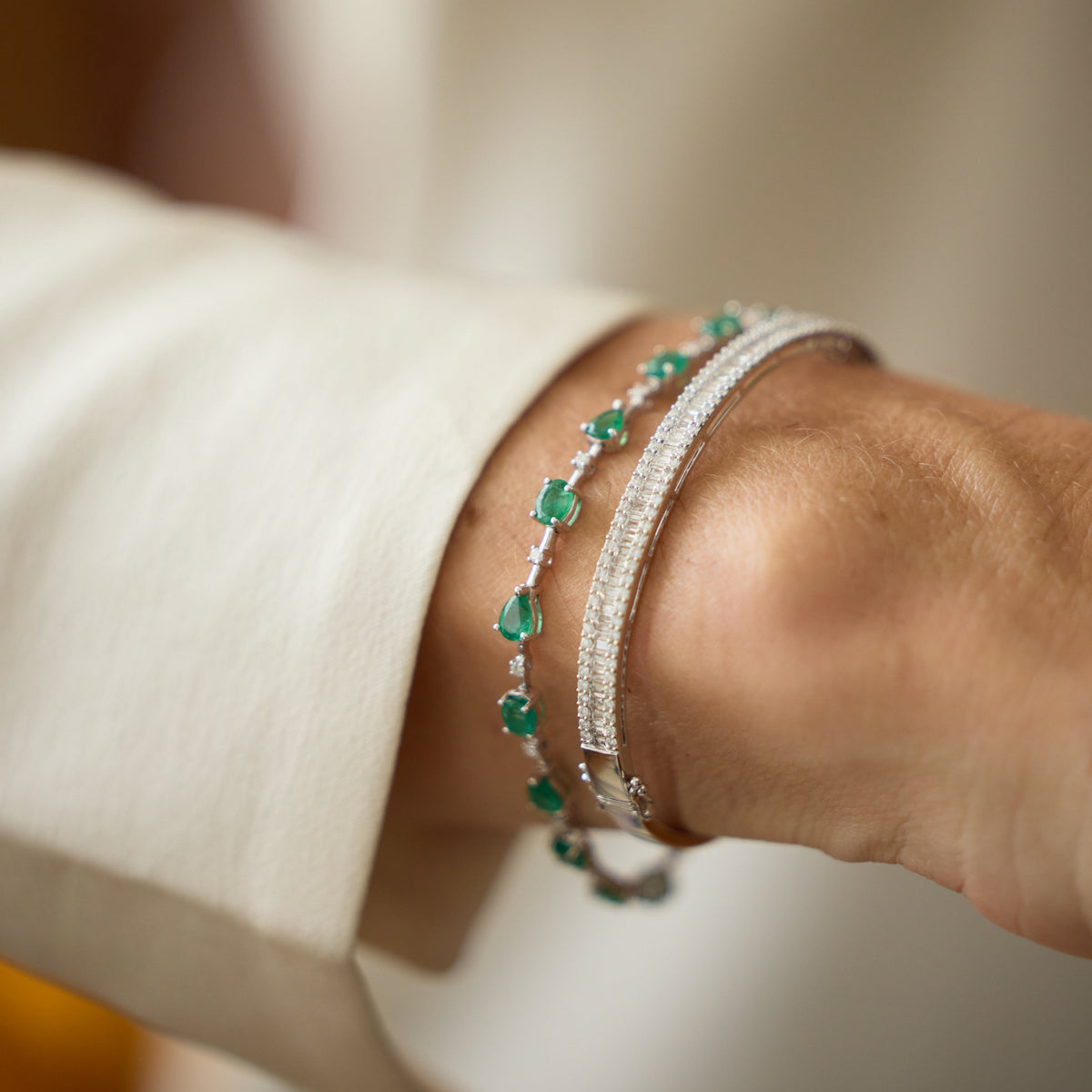Oval & Pear Emerald and Diamond Bracelet in 18K White Gold
