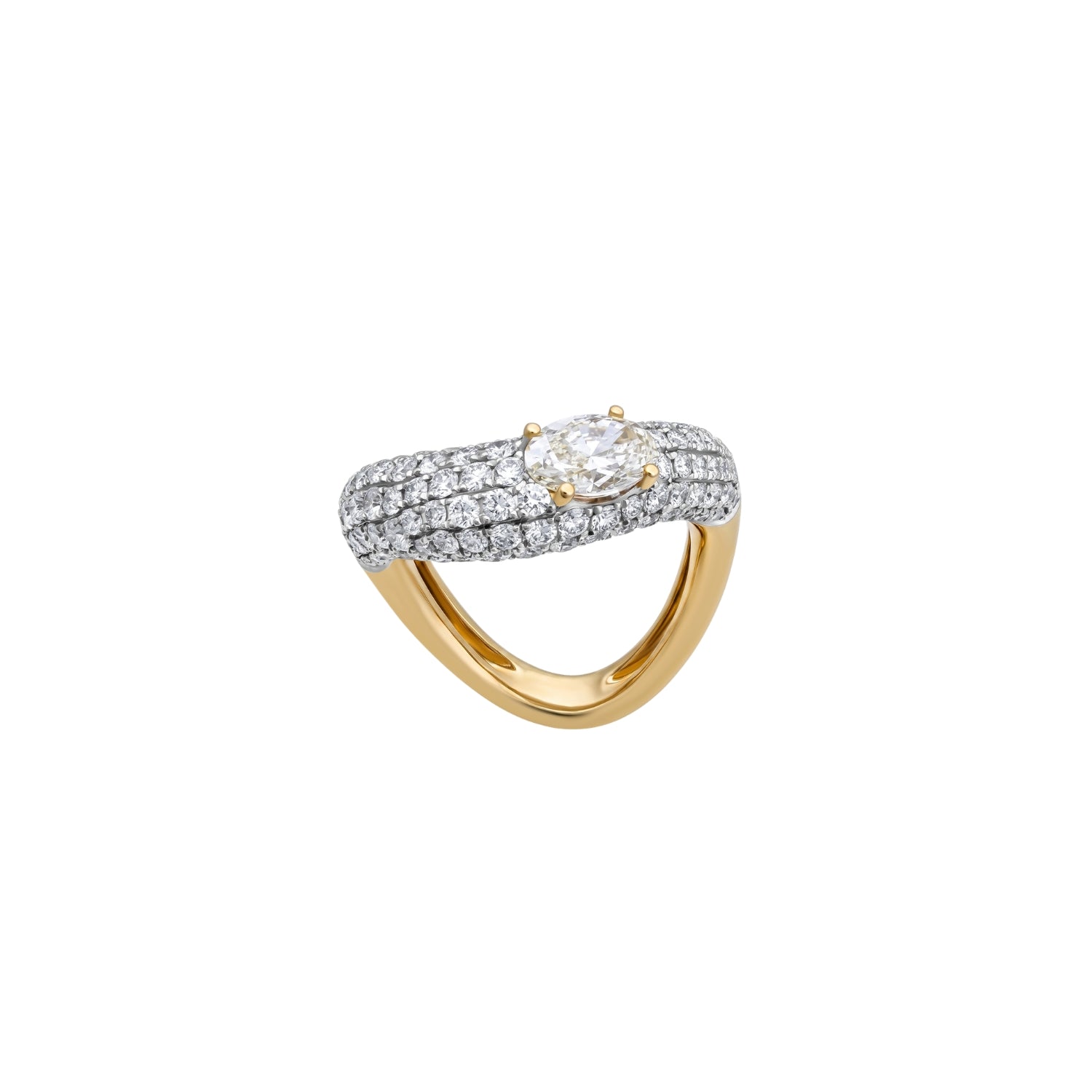Oval Diamond and Pavé Band Ring in 18K Yellow Gold