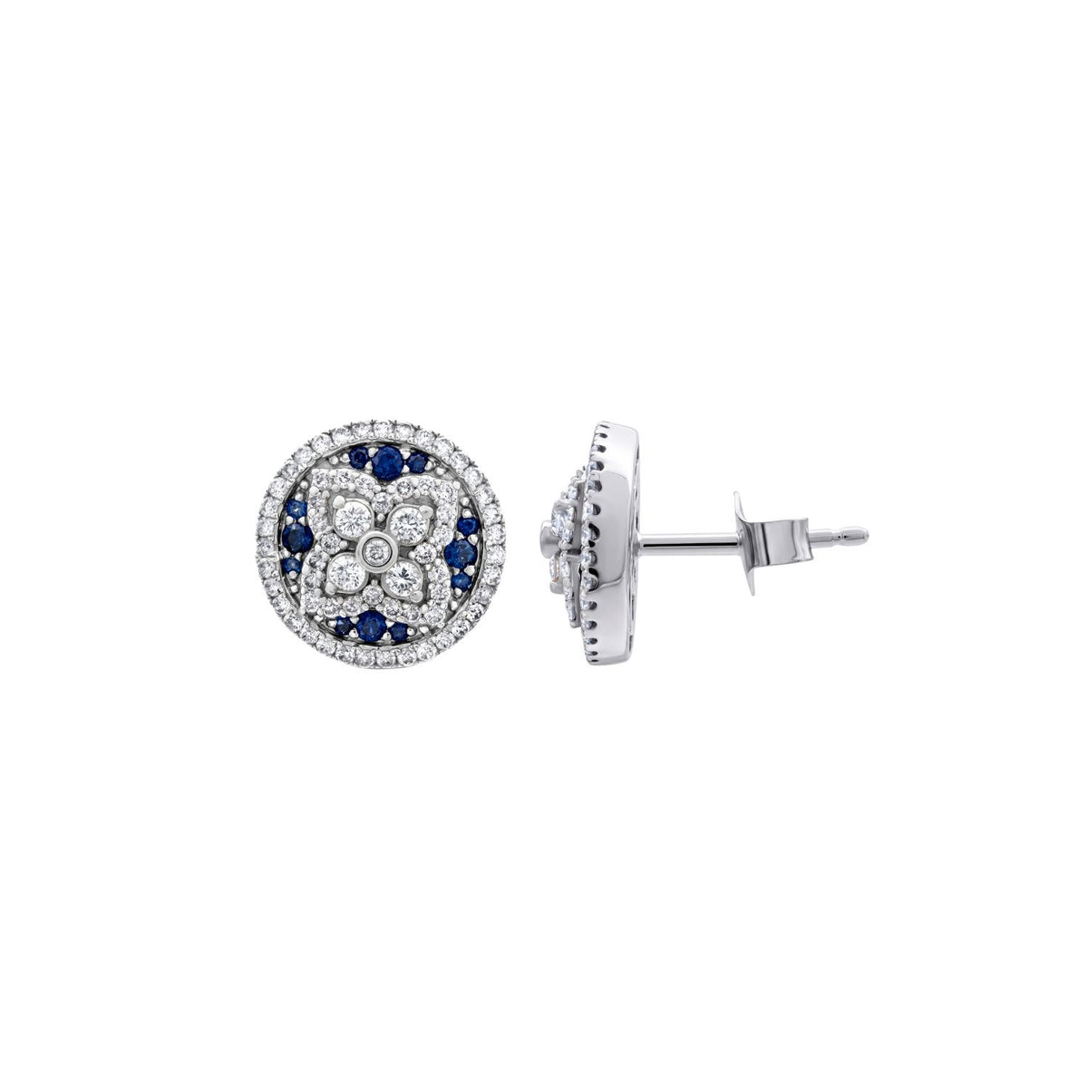 Pavé Blue Sapphire and Diamond Floral Stud Earrings