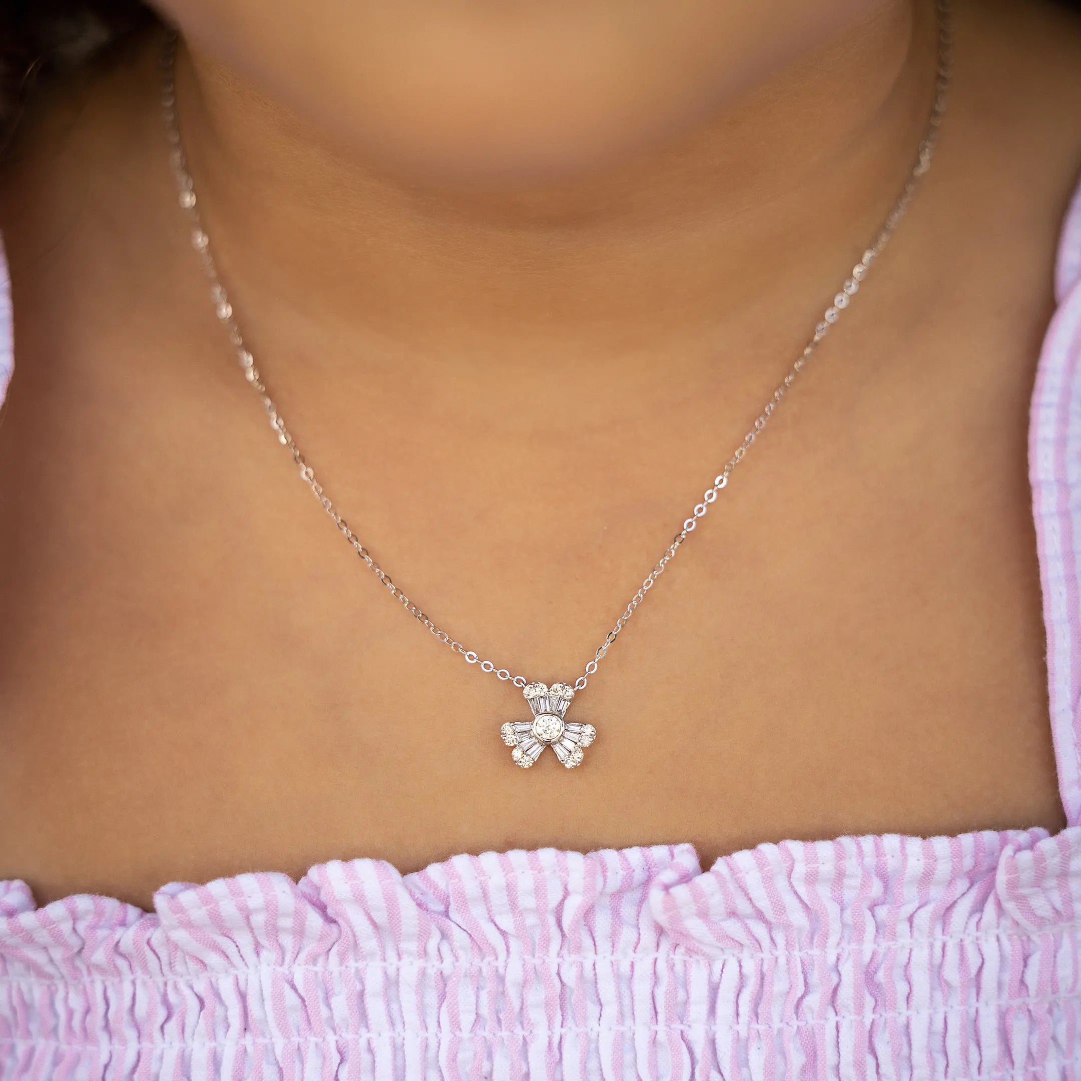 Pavé Diamond Clover Pendant Necklace in 18K White Gold | JJ Jewelry Miami