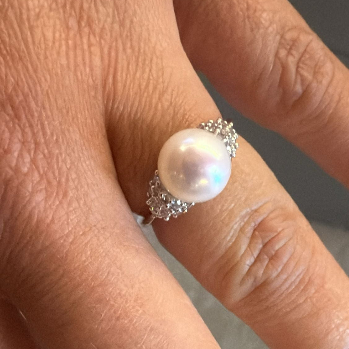 Pavé Pearl & Diamond Ring in 18K White Gold | JJ Jewelry Miami