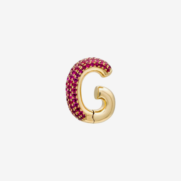 Pavé Ruby Ear Cuff in 18K Yellow Gold, gray background | JJ Jewelry Miami