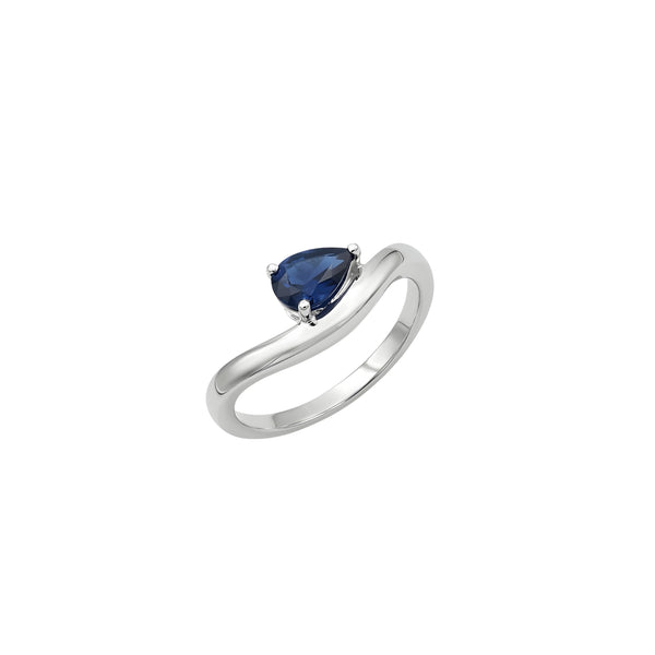 Pear Blue Sapphire Solitaire Ring in 14K White Gold | JJ Jewelry Miami