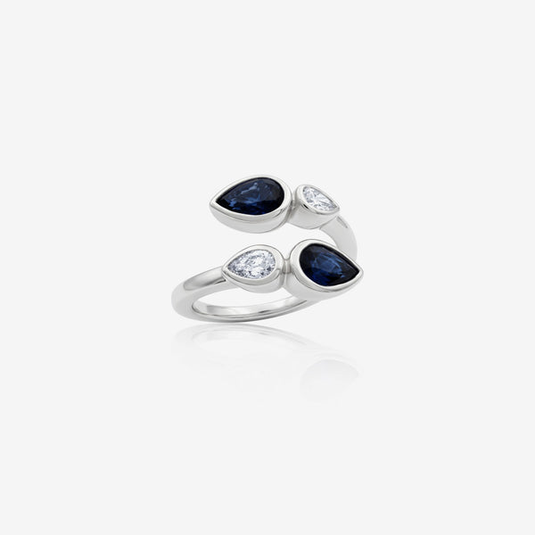 Pear Blue Sapphire and Diamond Open Ring in 14K White Gold | JJ Jewelry