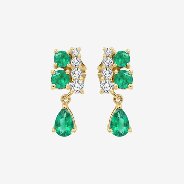 Pear-Cut Gemstone Drop Earrings in 14K Yellow Gold with Emerald, gray background | JJ Jewelry Miami