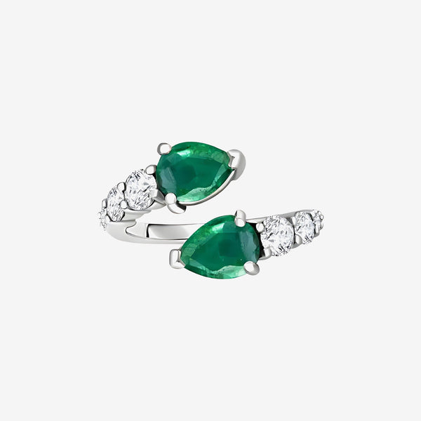 Pear Emerald and Diamond Bypass Ring in 18K White Gold | JJ Jewelry