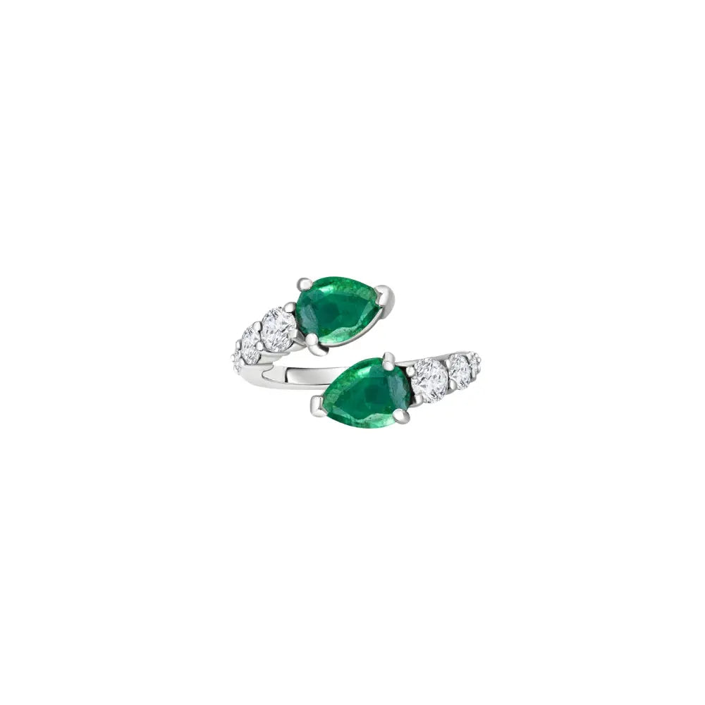 Pear Emerald & Diamond Bypass Ring in 18K White Gold | JJ Jewelry Miami