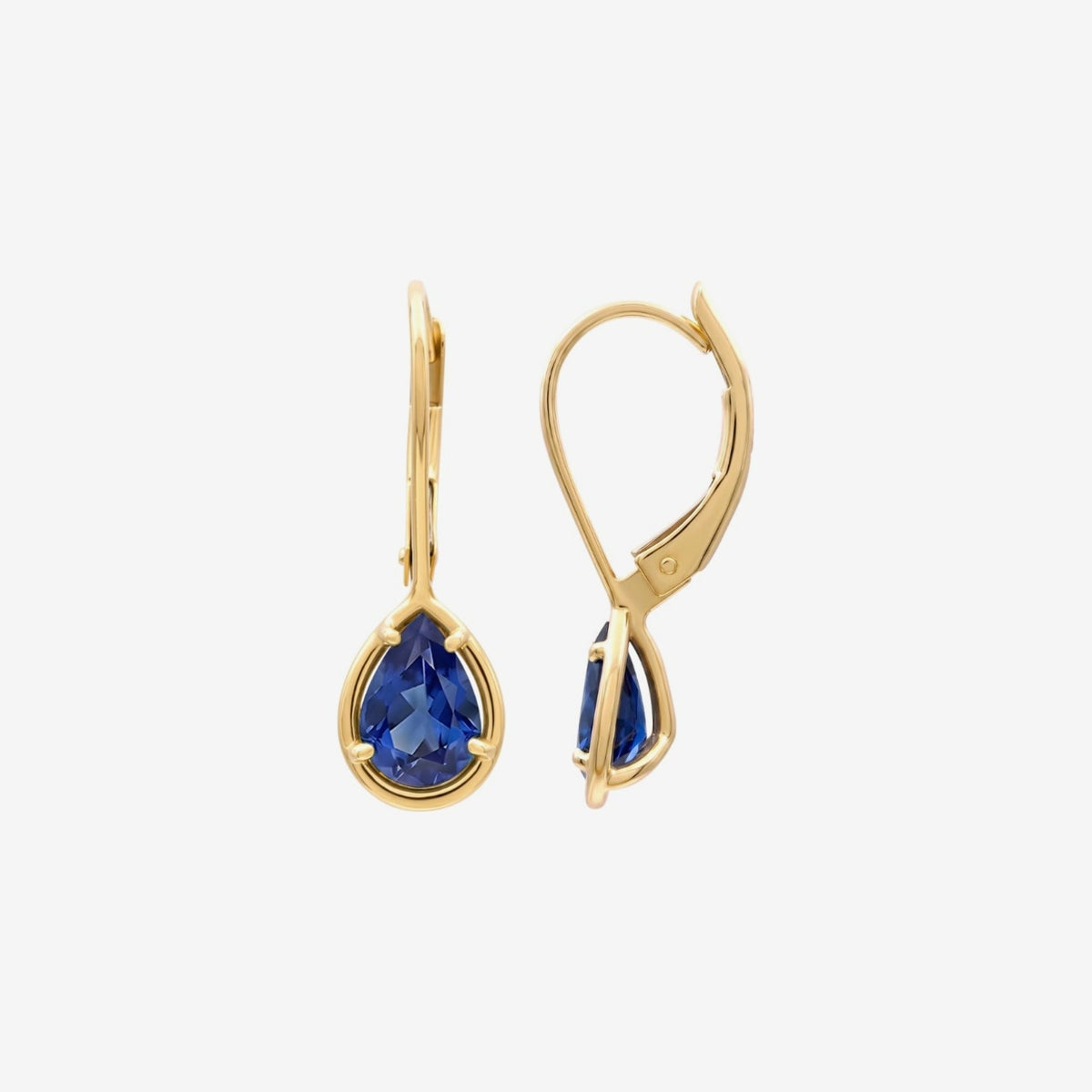 Pear Gemstone Leverback Earrings in 14K Yellow Gold with Blue Sapphire, gray background | JJ Jewelry Miami