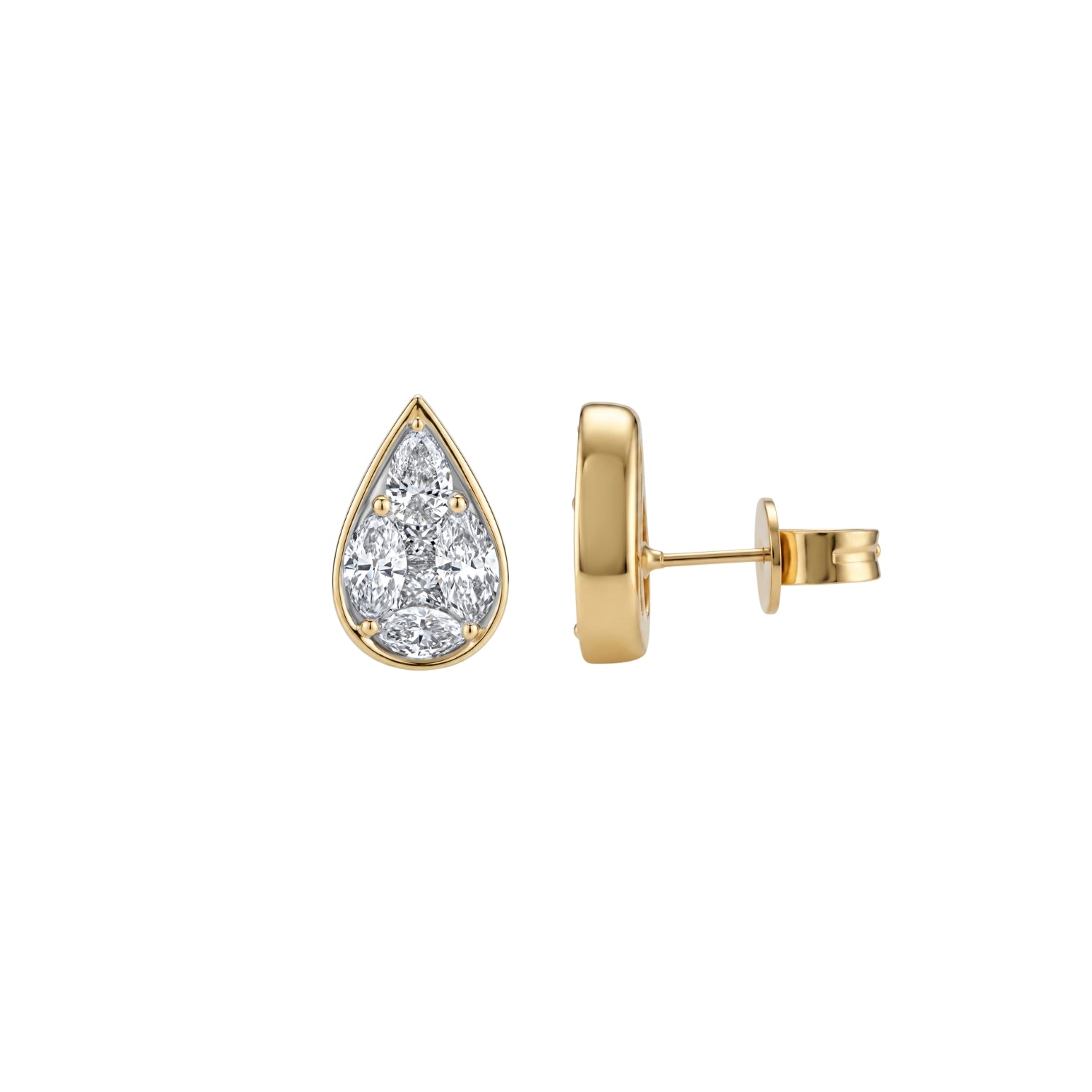 Pear Mosaic Diamond Bezel Stud Earrings in 18K Yellow Gold