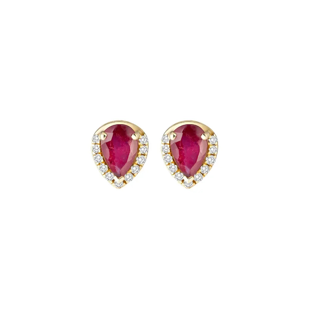 Pear ruby and diamond halo stud earrings in 18K yellow gold by JJ Jewelry