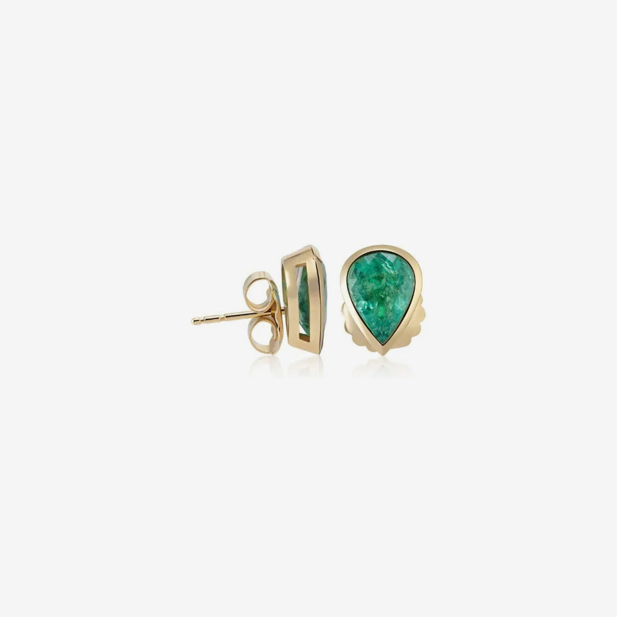 Pear-Shaped Emerald Stud Earrings in 18K Yellow Gold, gray background | JJ Jewelry Miami