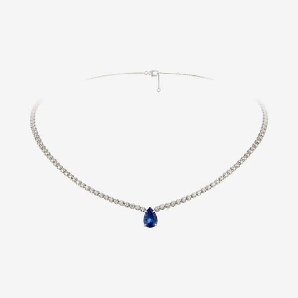 Pear Tanzanite and Diamond Necklace in 18K White Gold, gray background | JJ Jewelry Miami