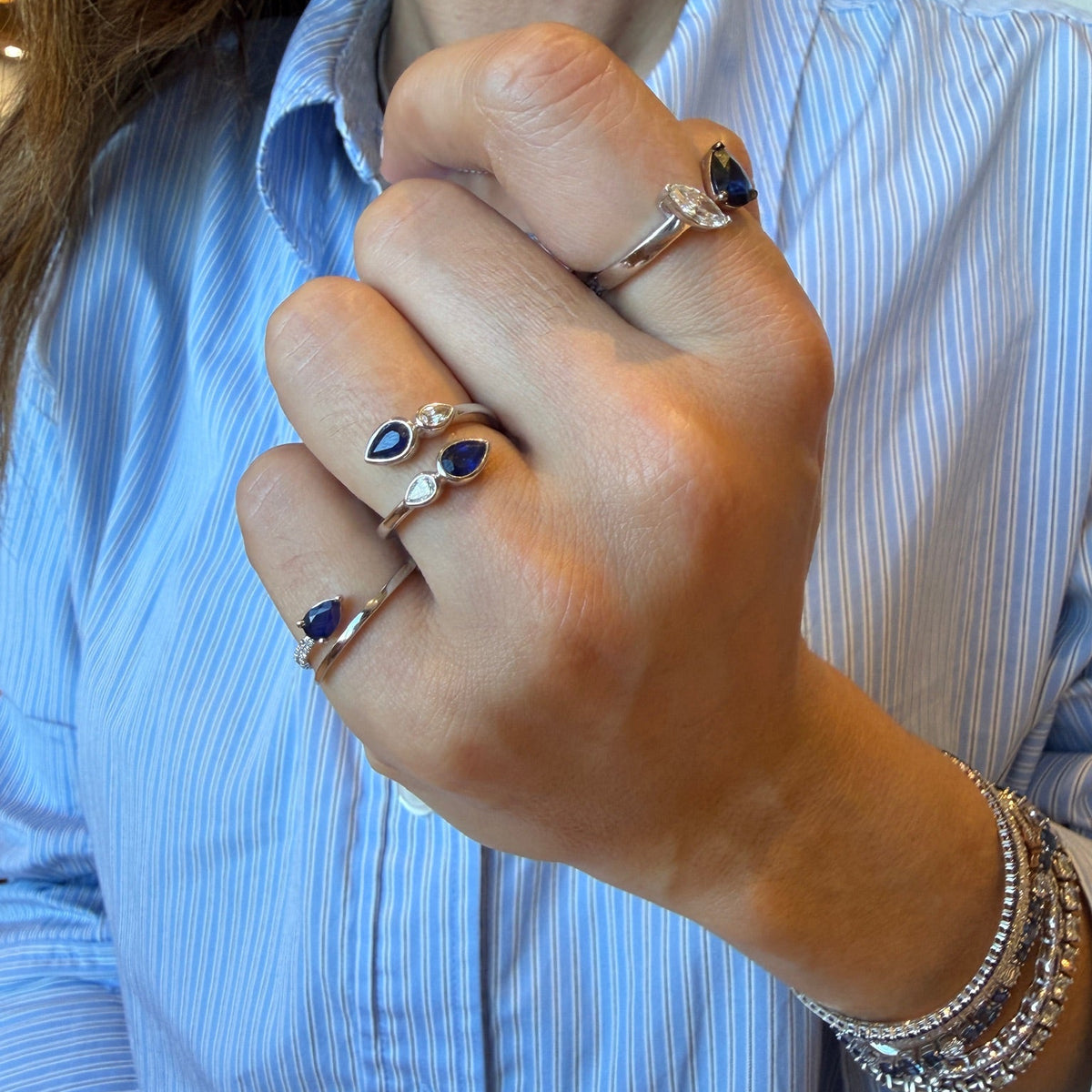 Pear Blue Sapphire & Diamond Open Ring in 14K White Gold