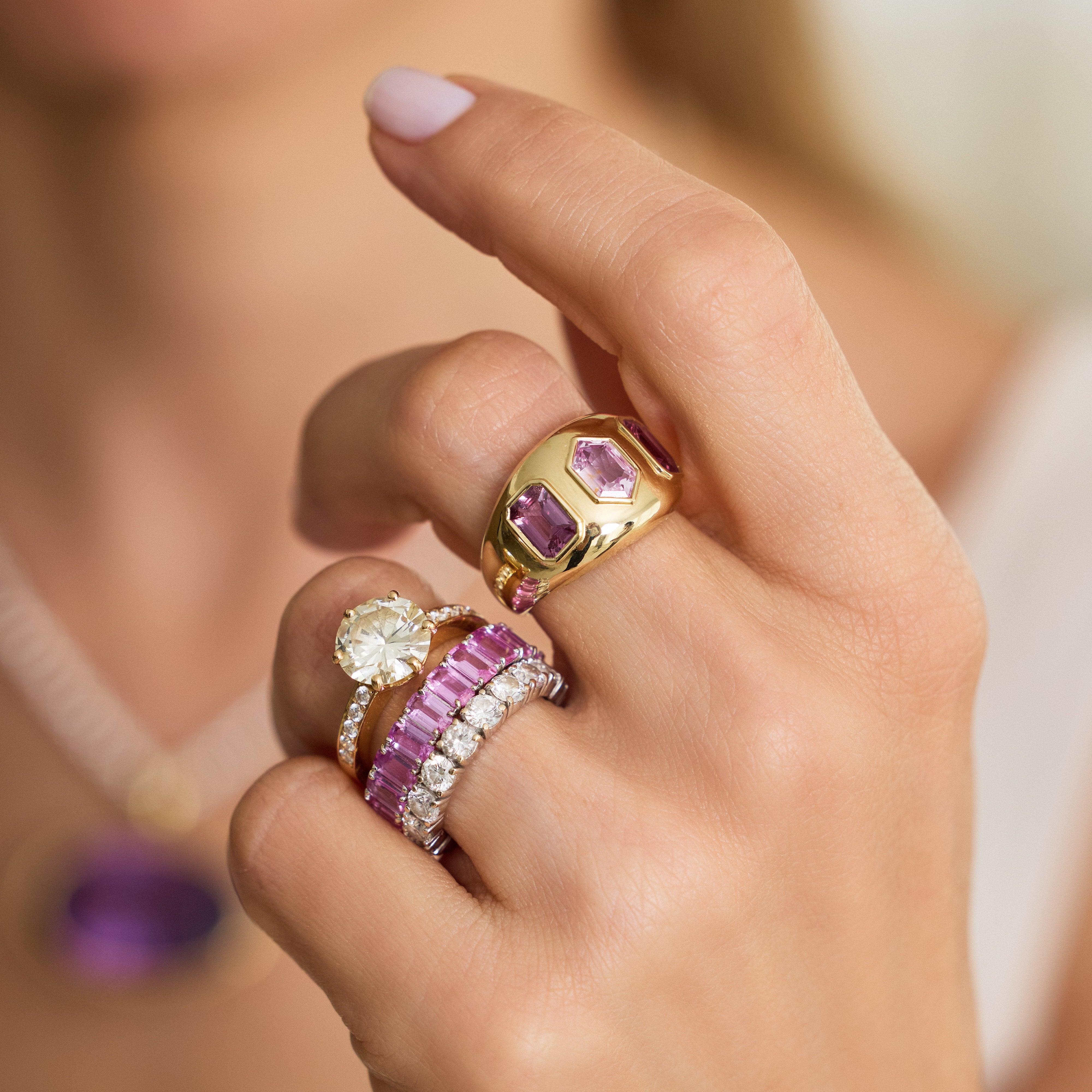 Three-Stone Pink Sapphire Wide Band Ring in 18K Yellow Gold