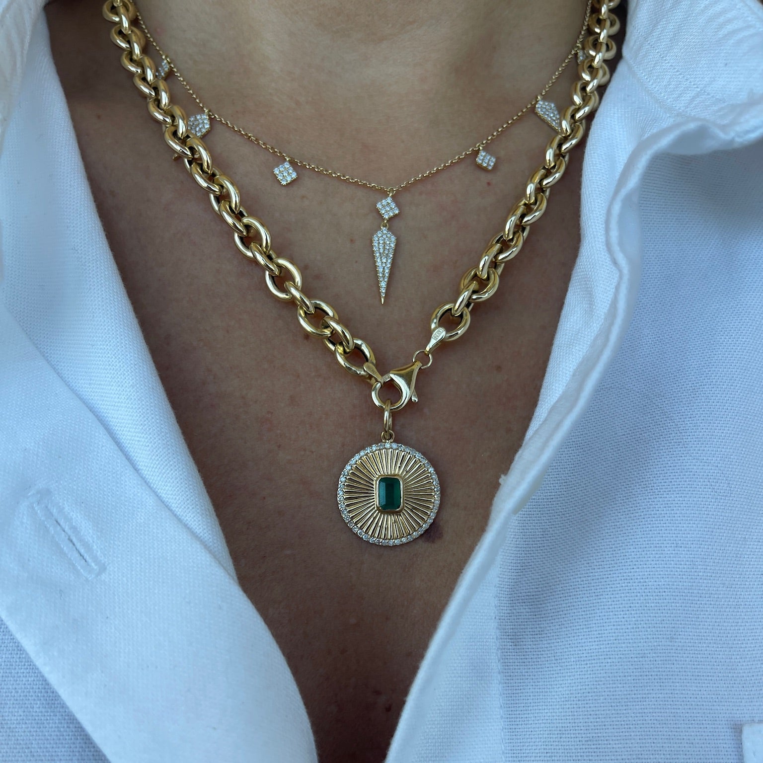 Radiant Round Pendant with Emerald and Diamonds in 14K Yellow Gold