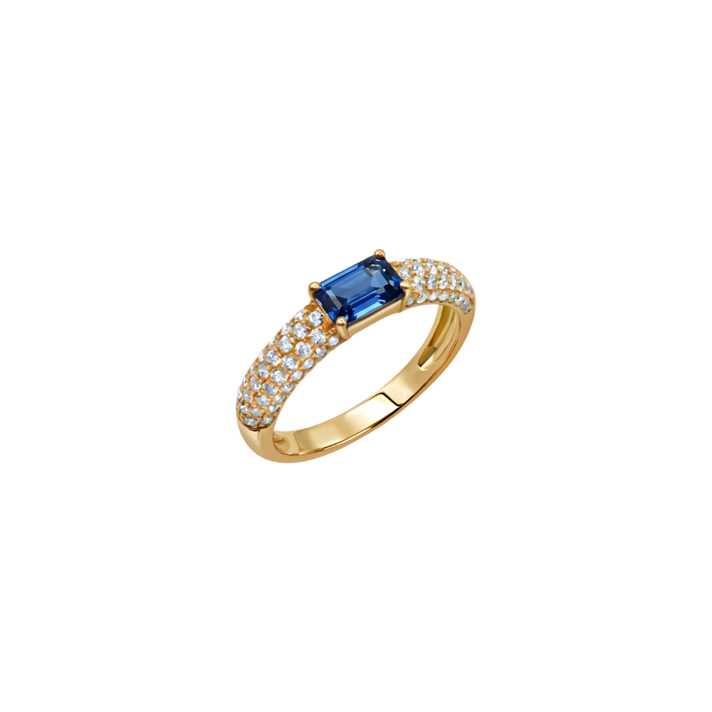 Rectangular Blue Sapphire & Pavé Diamond Ring in 18K Gold