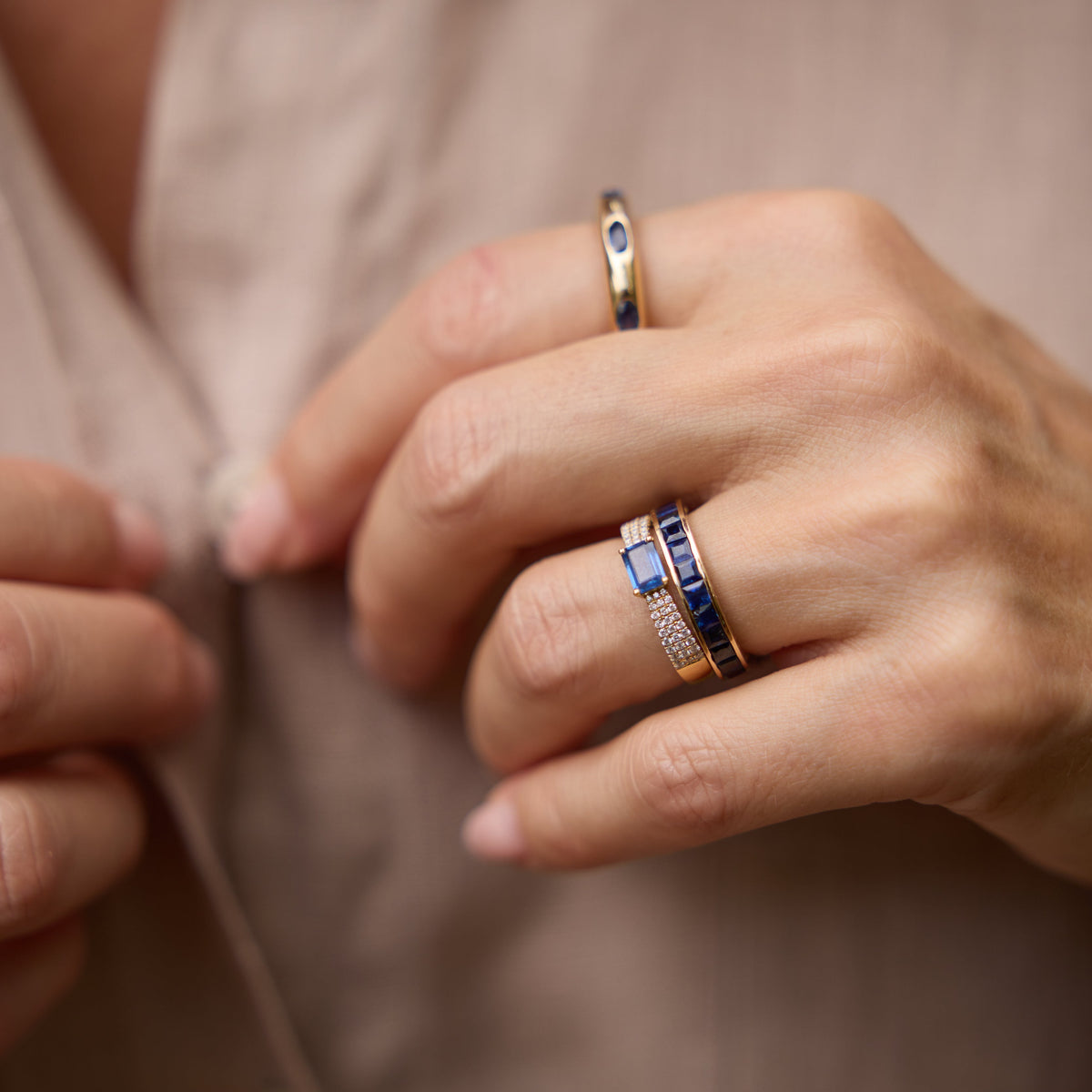 Rectangular Blue Sapphire Pavé Diamond Stackable Ring, lifestyle view 1 | JJ Jewelry