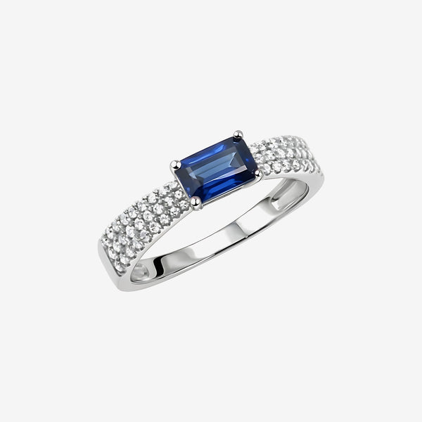 Rectangular Blue Sapphire Pavé Diamond Stackable Ring in 18K White Gold | JJ Jewelry